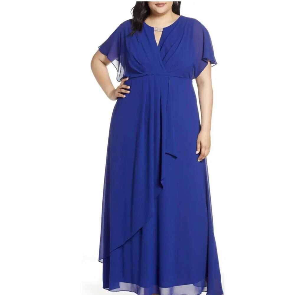 Xscape Womens Royal Blue Chiffon Faux Wrap Gown/Flutter Slv,V Neck, NWOT 18W